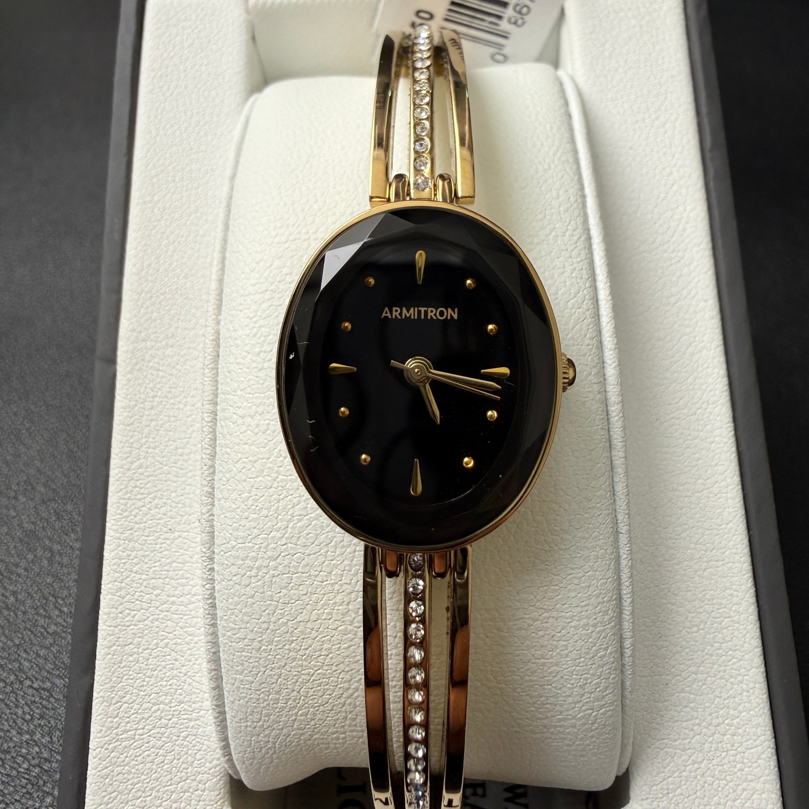 Msrp $70 Armitron 75/5903gp Women's Black Dial Gold Tone Crystal Bangle